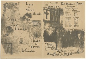Omslag programmaboekje met advertentie voor La Revue Blanche en aankondiging van toneelstuk Au-dessus des forces humaines