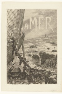 Omslag voor album La Mer met zeegezicht en vissersnet met zeewier op strand