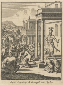 Onderdanen knielen voor de koning van Ceylon, Rajah Singah