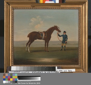 One of Four Portraits of Horses - a Chestnut Horse (? Old Partner) held by a Groom: standing facing right, wearing blue saddle-cloth edged with gold; the groom in blue...
