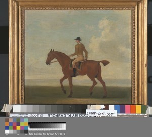 One of Four Portraits of Horses - a Chestnut Racehorse with Jockey Up: walking to the left; jockey in buff-yellow jacket