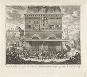 Onlusten tijdens de ophanging van een man en vrouw aan de Waag te Amsterdam, 28 juni 1748