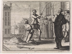 Onthoofding van een jongen onder toeziend oog van geestelijken en de duivel