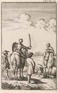 Ontmoeting van Don Clarazel met een boer, beiden te paard