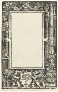 Ontwerp voor een titelblad met ornamentale lijst en wapen van Willibald Pirckheimer