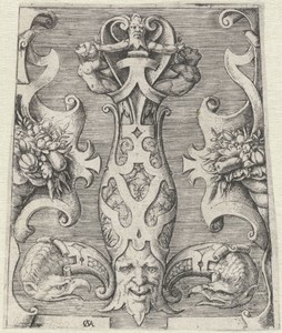 Ontwerp voor het gevest van een degen in een omlijsting van rolwerk