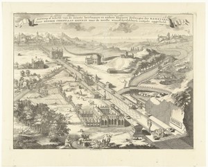 Ontwerp voor Romeinse heerweg (heirbaan) met grafmonumenten en triomfboog