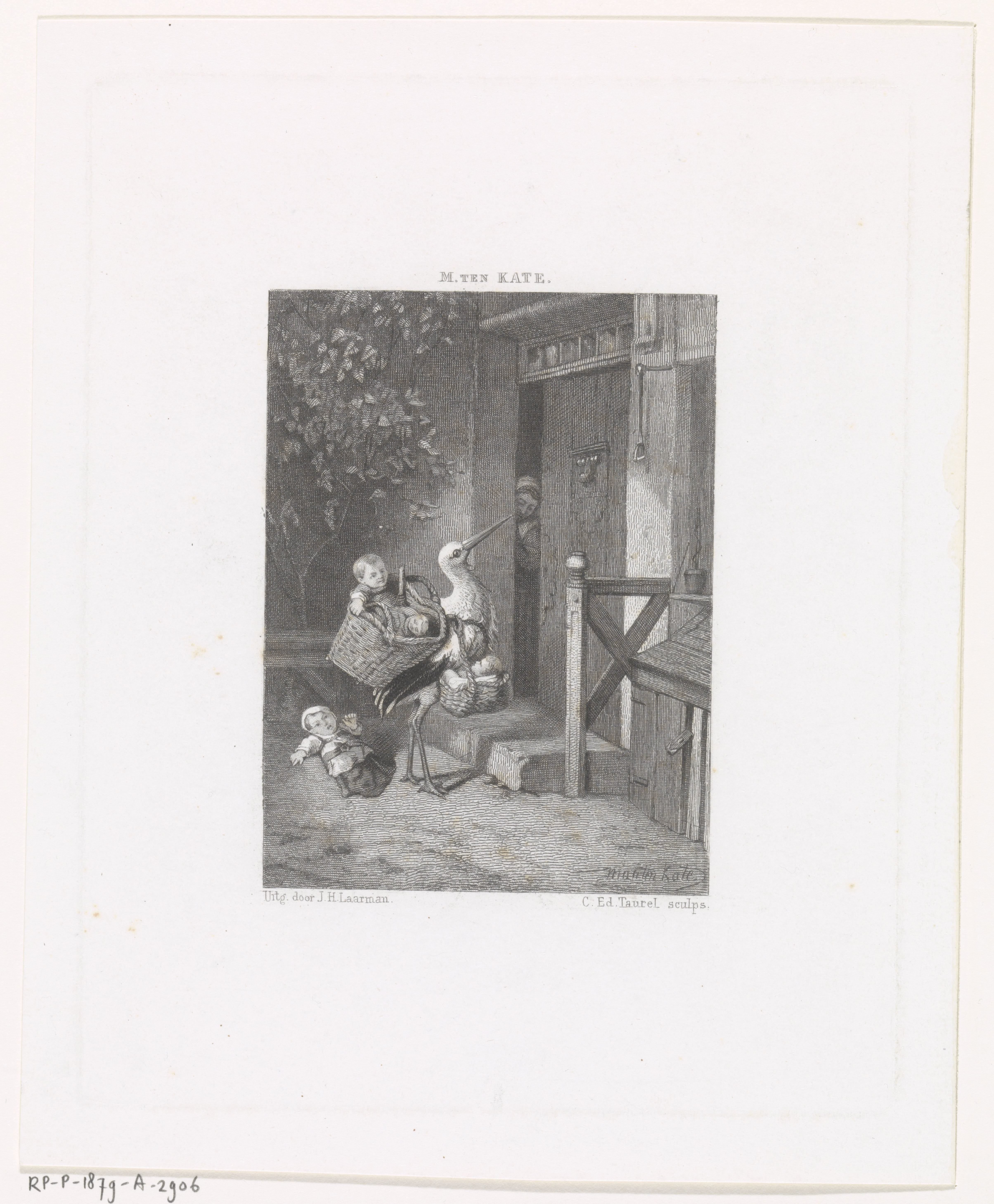 Ooievaar met babies voor een huisdeur by Edouard Taurel
