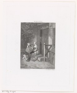 Ooievaar met babies voor een huisdeur