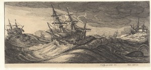 Oorlogsschepen en een walvis in een zeestorm