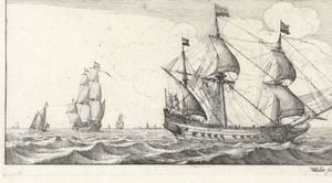 Oorlogsschip met vier zeilen gehesen
