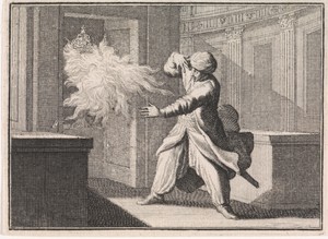 Oosterse man kijkt uit nieuwsgierigheid in een kast naar een hostiekelk waar als straf een vlam uit slaat