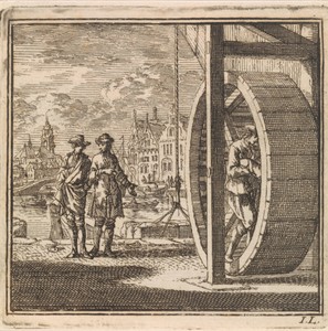 Op een kade worden goederen gelost met behulp van een tredmolen