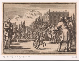 Op een plein te Madrid heeft zich een menigte verzameld rondom Louisillo, 1675