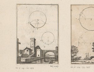 Opbouw van een negenhoek in een cirkel met onderaan een gezicht op een stad