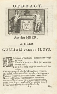 Opdracht aan Willem van der Sluys met wapen geflankeerd door Minerva en Hercules