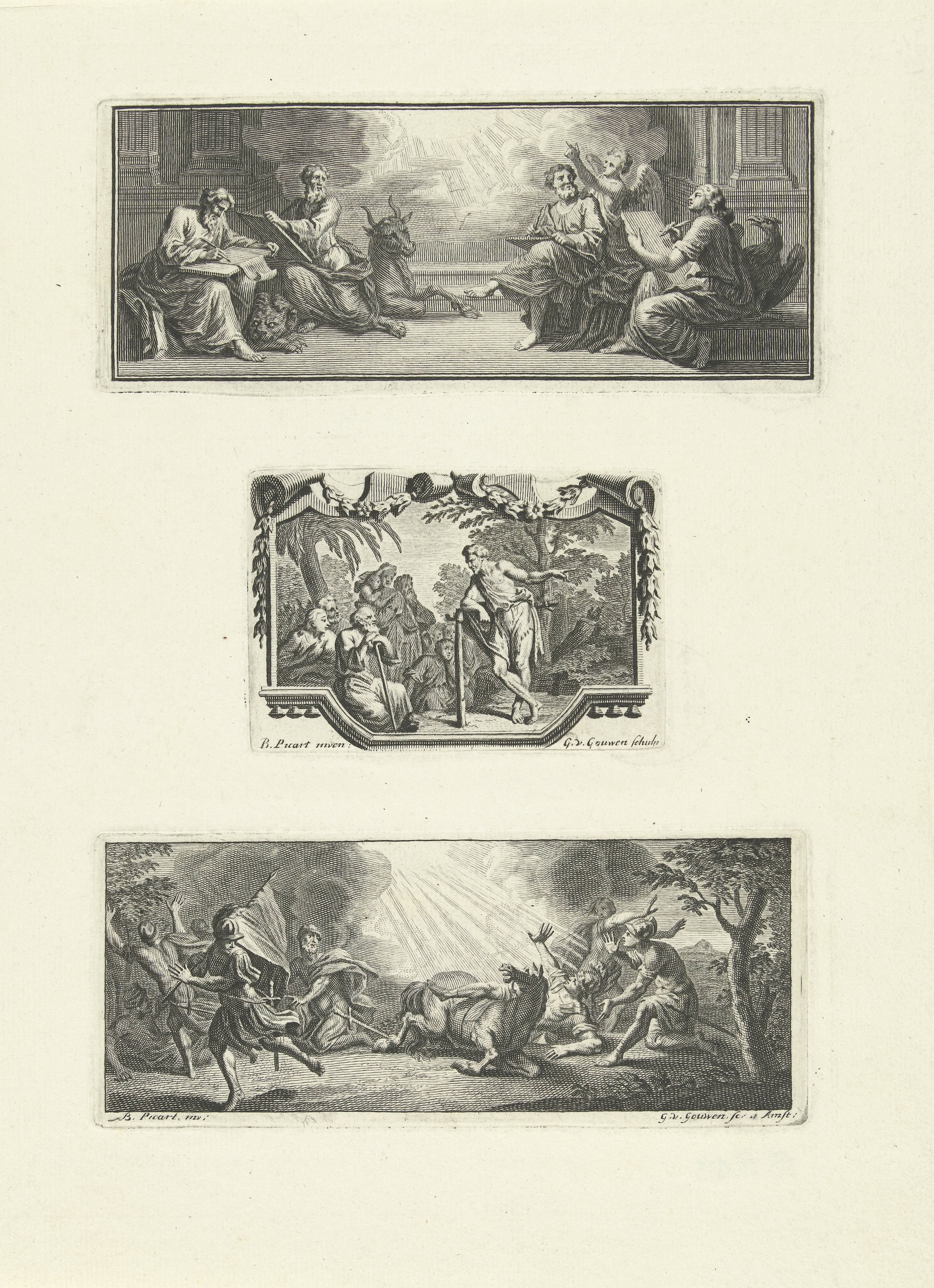 Openbaring aan de evangelisten / Prediking van Johannes de Doper / Bekering van Paulus by Gilliam van der Gouwen