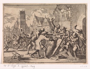 Oproer te Dordrecht waarbij een afbeelding van Cornelis de Witt door het volk wordt vernield, 1672