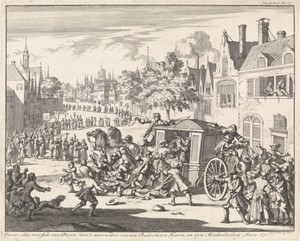Oproer tijdens een processie in een voorstad van Parijs, 1671