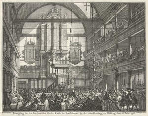 Opschudding in de Oude Lutherse Kerk te Amsterdam tijdens de aardbeving van 18 februari 1756
