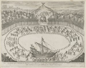 Optocht met schip in arena