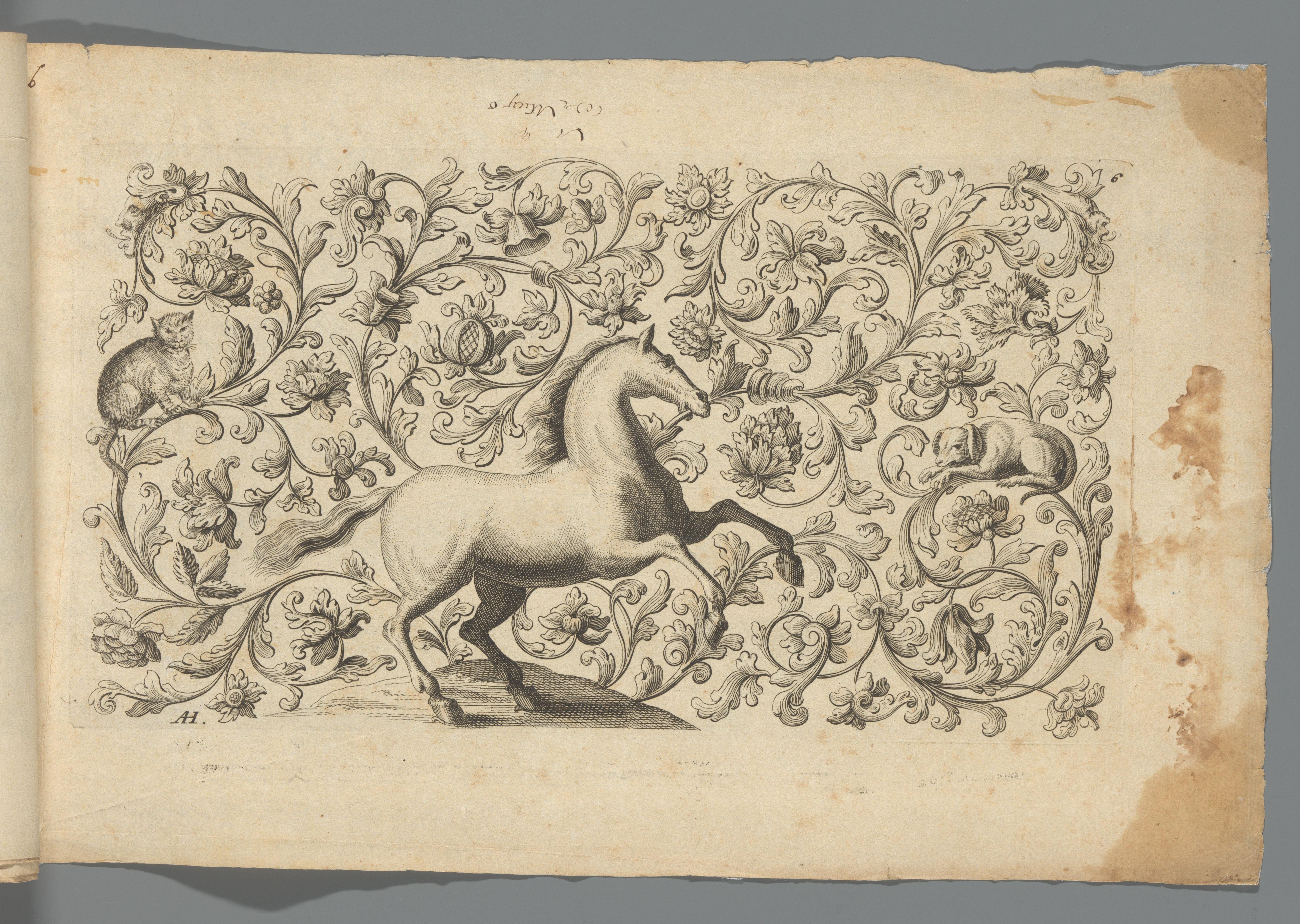 Ornament met paard, hond en kat by Abraham Helmhack