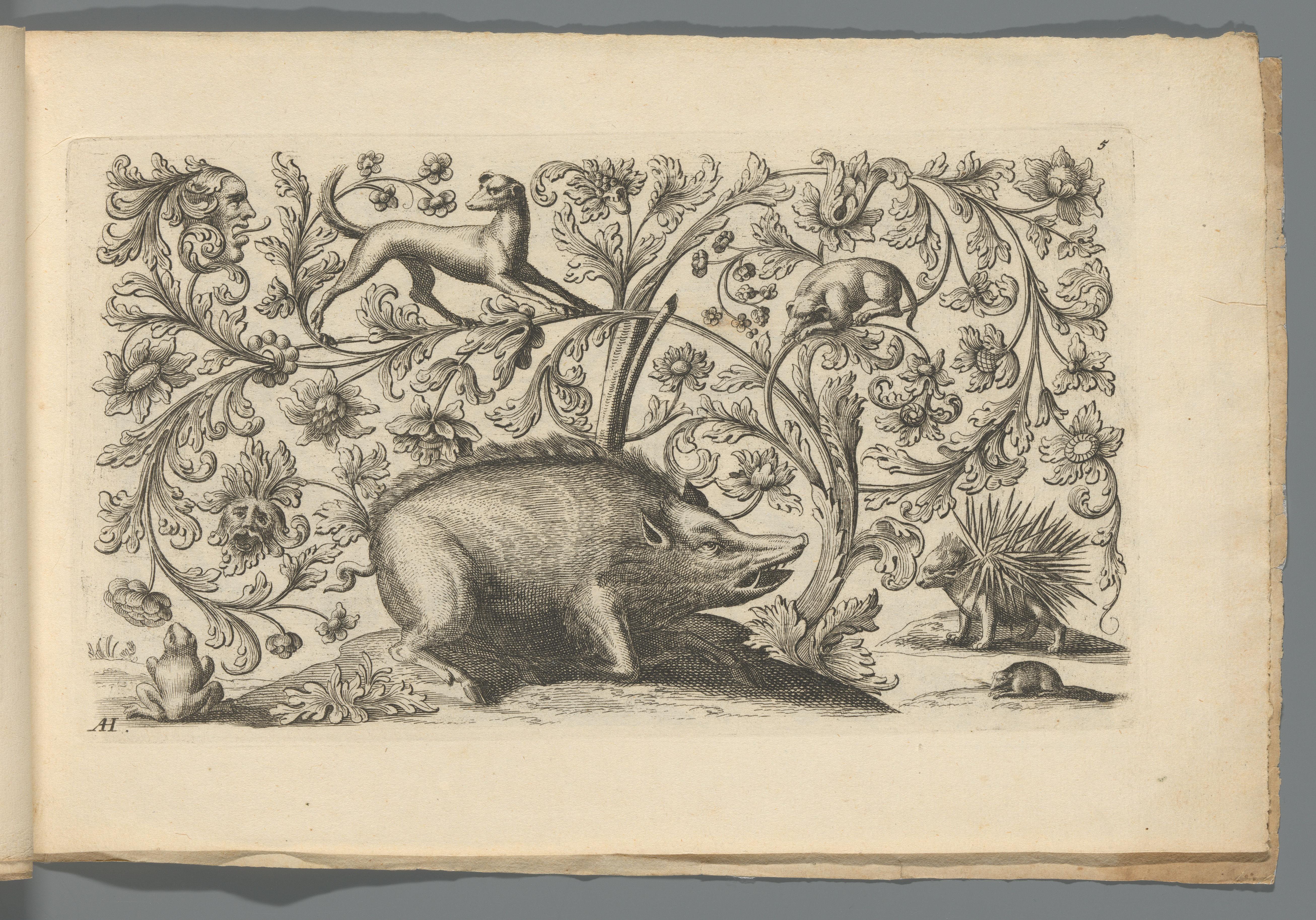 Ornament met wild zwijn, honden, stekelvarken, kikker, muis en maskers by Abraham Helmhack
