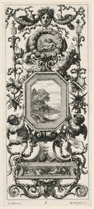 Ornamental Panel Surmounted by the Crowned Head of a Woman and Two Peacocks, plate 6 from the Livre de Diverses Grotesques peintes dans le Cabinet et Bains de la Reyne Regente, au Palais Royale