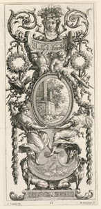 Ornamental Panel Surmounted with a Head Flanked by Foliage, plate 11 from the Ornamental Panel Surmounted with a Head Flanked by Foliage, from the Livre de Diverses Grotesques peintes dans le Cabinet et Bains de la Reyne Regente, au Palais Royale