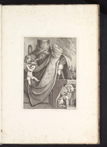 Ornamentele vaas omringd door putti, draperie en leeuwen