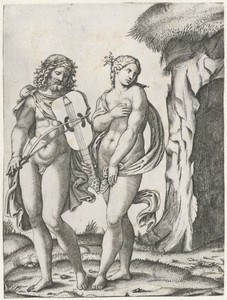 Orpheus speelt op viola voordat Eurydice naar onderwereld gaat