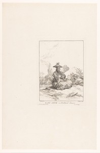 Oude Chinese man, zittend in een landschap