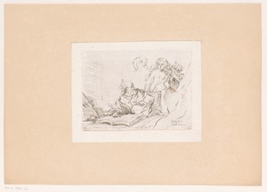 Oude man aan schrijftafel schrikt op van een vrouw met de duivel als schaduw