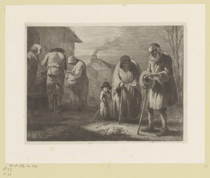 Oude man geeft een aalmoes aan een bedelares