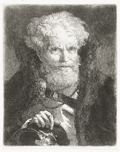 Oude man in mantel met bontkraag en helm