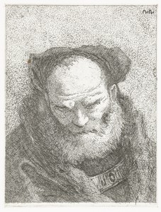 Oude man met baard en gebogen hoofd