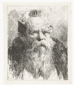 Oude man met baard en muts met sieraad