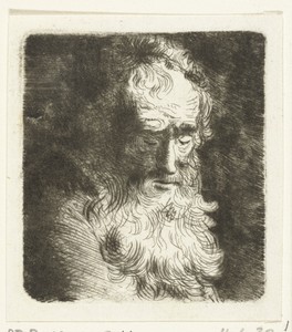 Oude man met baard met de blik naar beneden gericht: driekwart, naar rechts