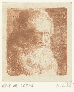 Oude man met baard met de blik naar beneden gericht: driekwart, naar rechts