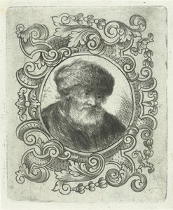 Oude man met bonthoed in ornamentrand