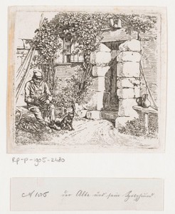 Oude man met keeshond voor een huis