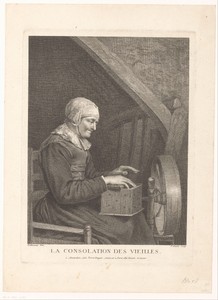 Oude vrouw aan spinnenwiel