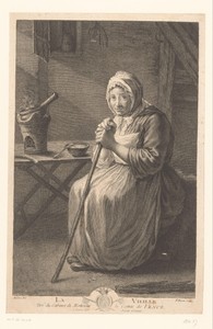 Oude vrouw aan tafel