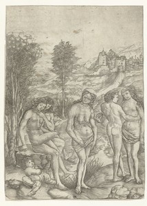 Oude vrouw en twee liefdesparen in landschap
