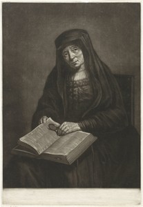 Oude vrouw met bijbel op de schoot, mogelijk de moeder van Rembrandt