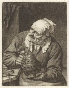 Oude vrouw met een kruik