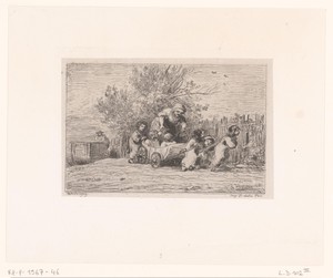 Oude vrouw met kinderen in koets
