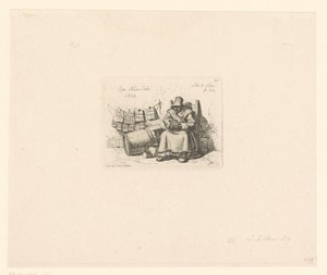 Oude vrouw naast een waslijn met kalenders voor het jaar 1815