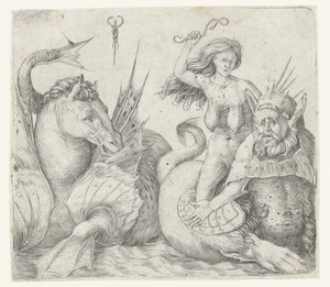 Oude vrouw op rug van triton naast hippocampus