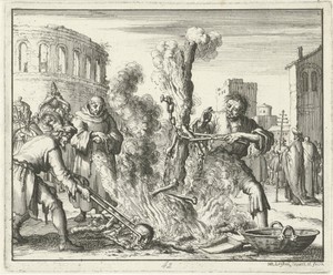 Overblijfselen van Arnoldus worden te Rome van de brandstaak losgemaakt